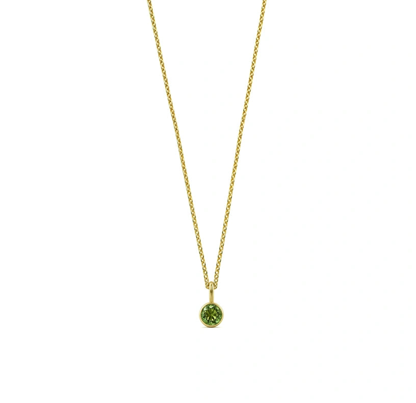 This peridot birthstone necklace features a fresh green gemstone set in a delicate pendant necklace for women.

