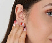 Red and pink toi et moi stud earrings with ruby and tourmaline stones in 18K gold plated setting, ruby earrings studs