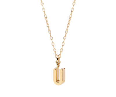 Minimalist letter U necklace with small gold initial charm perfect for layering and gifting