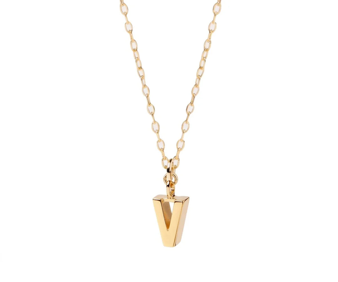 Minimalist letter V necklace gold with small initial charm ideal for layering jewelry