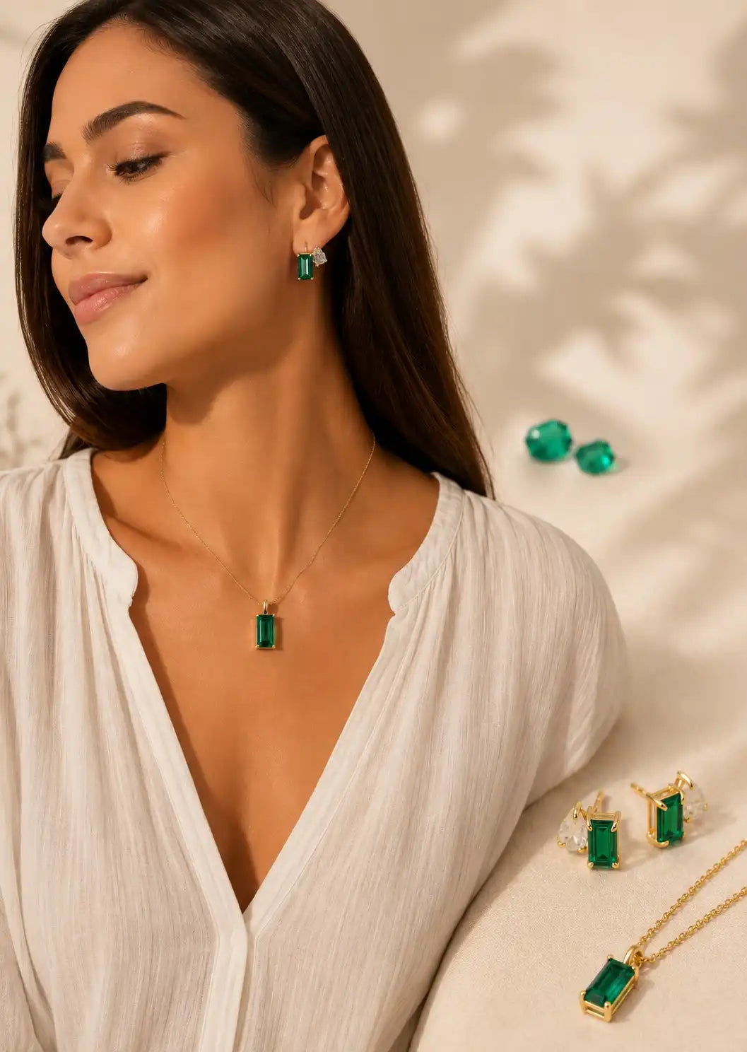 Emerald green gemstone pendant necklace and matching gold stud earrings worn by woman elegant May birthstone jewelry for women minimalist luxury accessory gift