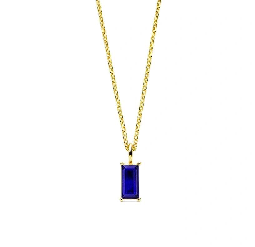 This blue sapphire birthstone necklace showcases a deep royal blue stone, designed as a timeless pendant necklace for women.

