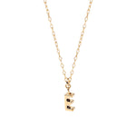 Load image into Gallery viewer, Close-up of Petite Glow Initial Necklace with the letter E, finished in 18K gold plating and suspended on an adjustable anchor chain.
