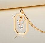 Load image into Gallery viewer, Personalized dainty necklace featuring a shimmering V initial charm encrusted with white zircon on a fine gold-plated chain
