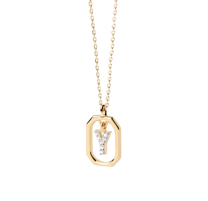 "Delicate yellow gold-plated necklace with a Y initial charm, adorned with sparkling white zircons for a sophisticated touch"
