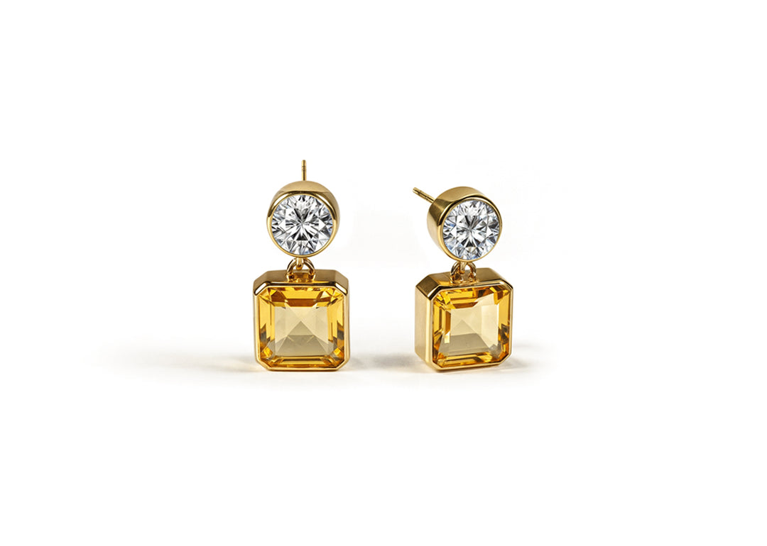 Amber drop earrings with zirconia stones and 18K gold plating – elegant gift for her
