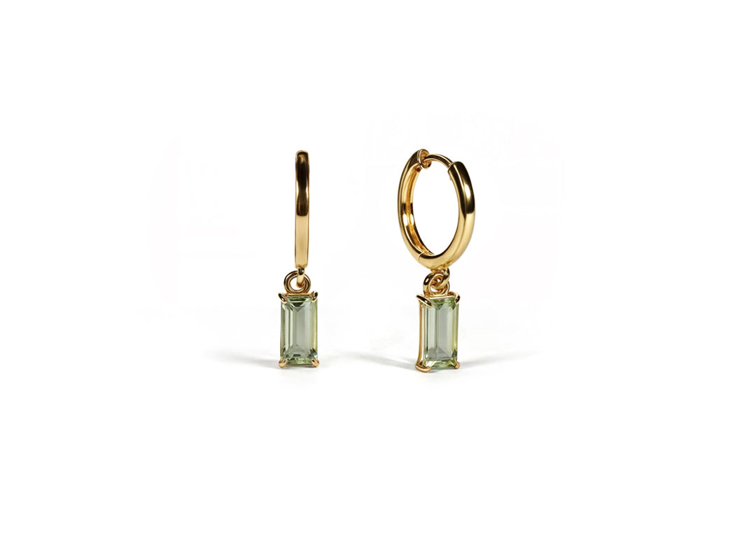 elegant green amethyst earrings with a baguette-cut gemstone and gold huggie hoops

