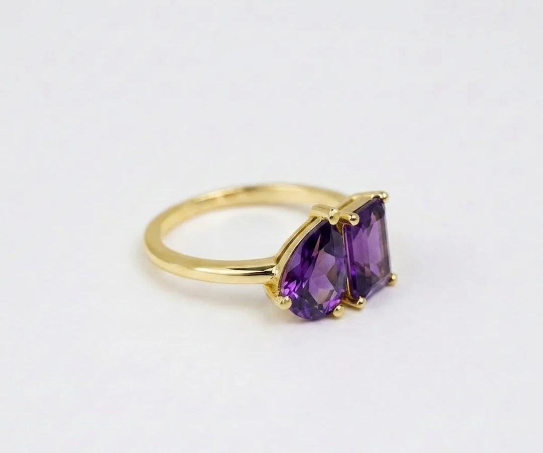 purple gemstone toi et moi ring minimalist gold dual stone ring stacking jewelry