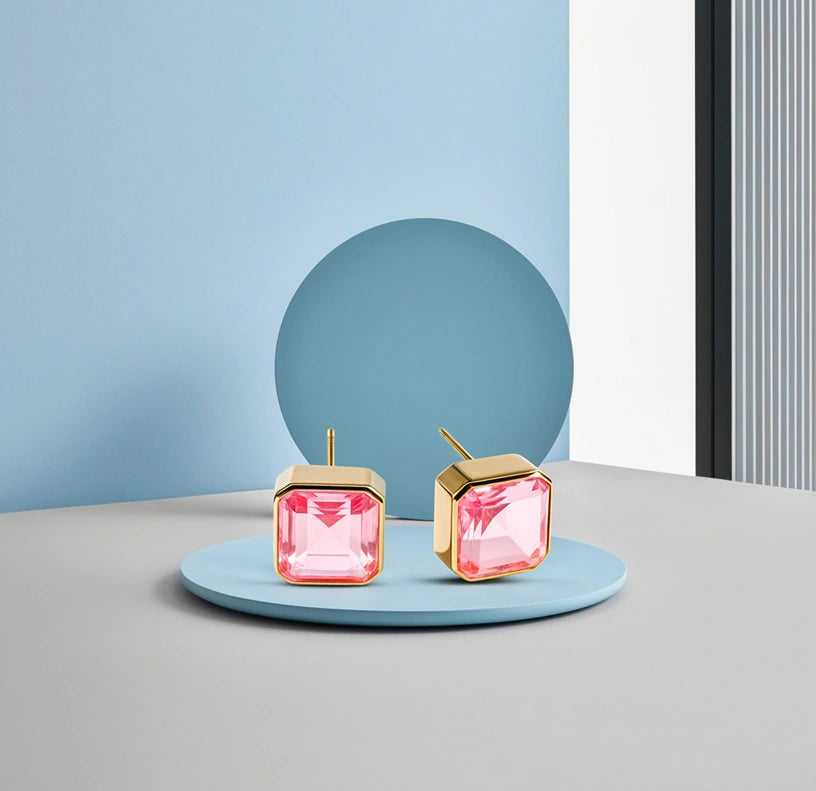 Modern square design studs with 10mm Tourmaline Bliss and secure push-back closure.