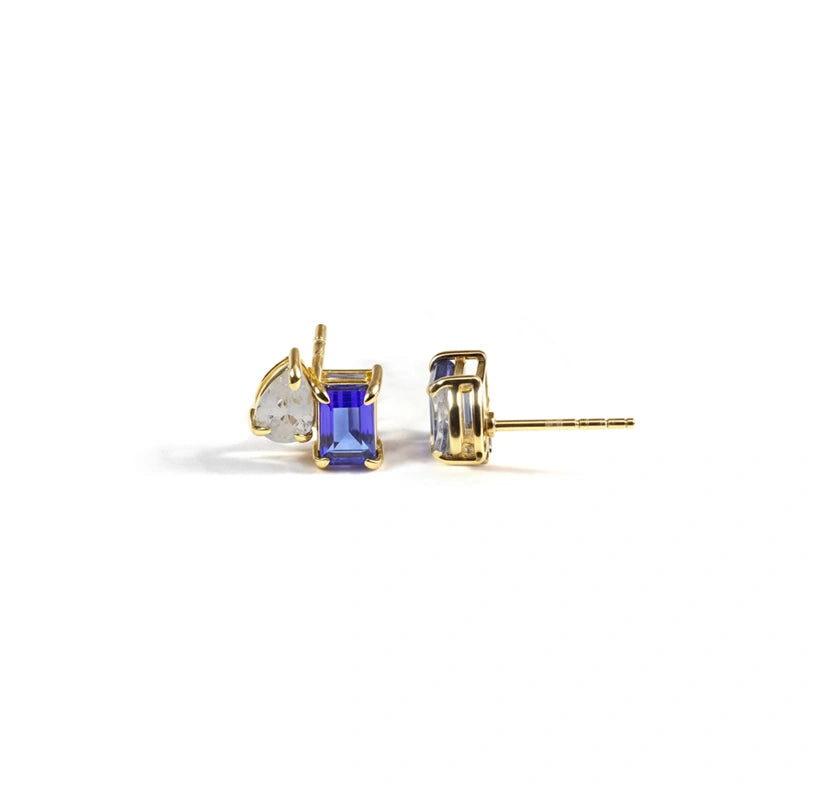 Sapphire and zircon gemstone stud earrings featuring deep blue sapphire paired with sparkling zircon stones in an elegant, timeless design.