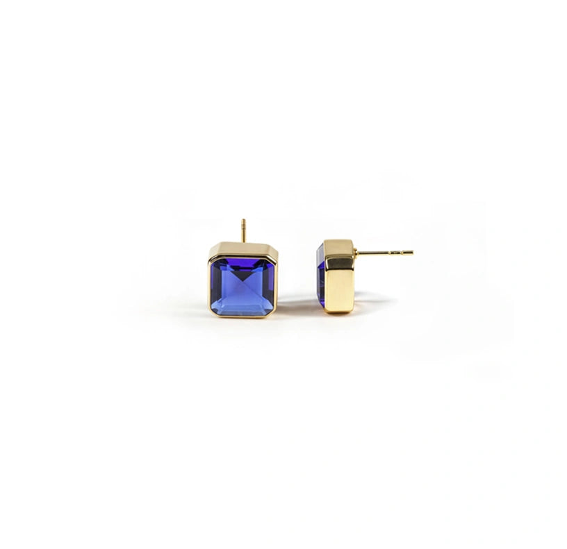 Elegant 10mm Asscher cut Blue Sapphire studs in high-quality gold plating.