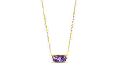 Model wearing Charoite necklace with everyday outfit