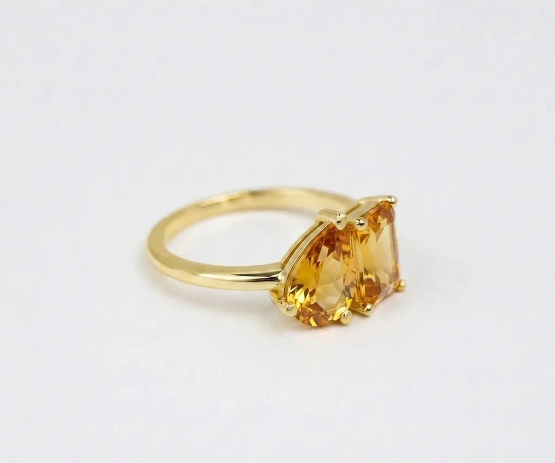 yellow citrine toi et moi ring dual gemstone ring dainty gold plated stacking ring