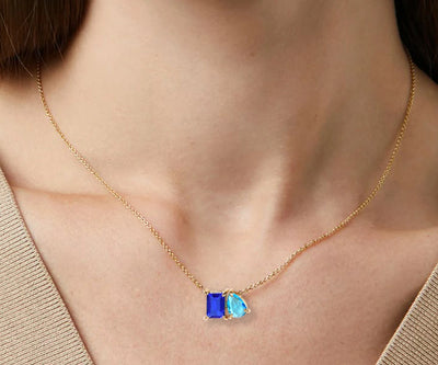 Two-stone blue sapphire and ocean topaz pendant necklace in 18K yellow gold plating — elegant romantic gift for her