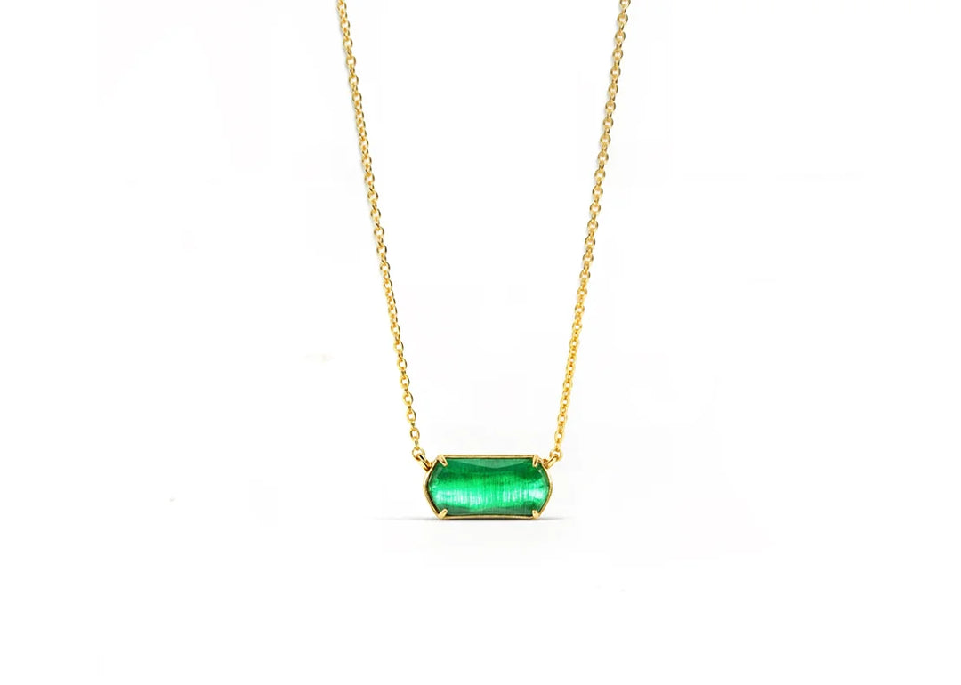 18K yellow gold-plated pendant necklace with custom-cut 15x6.5mm Emerald Quartz.