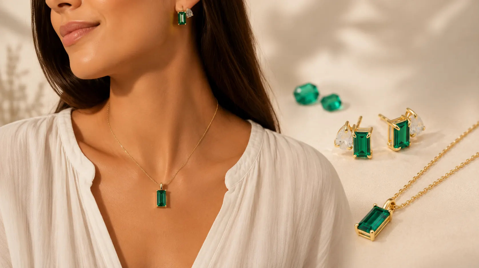 Elegant emerald green gemstone jewelry set featuring gold pendant necklace and matching stud earrings for women luxury birthstone jewelry gift for May birthdays