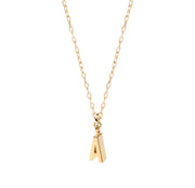 Close-up of dainty gold letter A necklace, gracefully dangling from a fine anchor chain, capturing a soft glow perfect for a personal, everyday look.