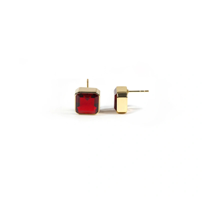 Elegant 10mm Asscher cut Fiery Garnet studs in high-quality gold plating.