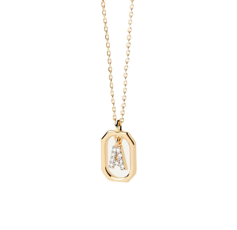 An initial A pendant necklace featuring a polished letter “A” charm on a delicate chain, offering a personalized and elegant jewelry piece.