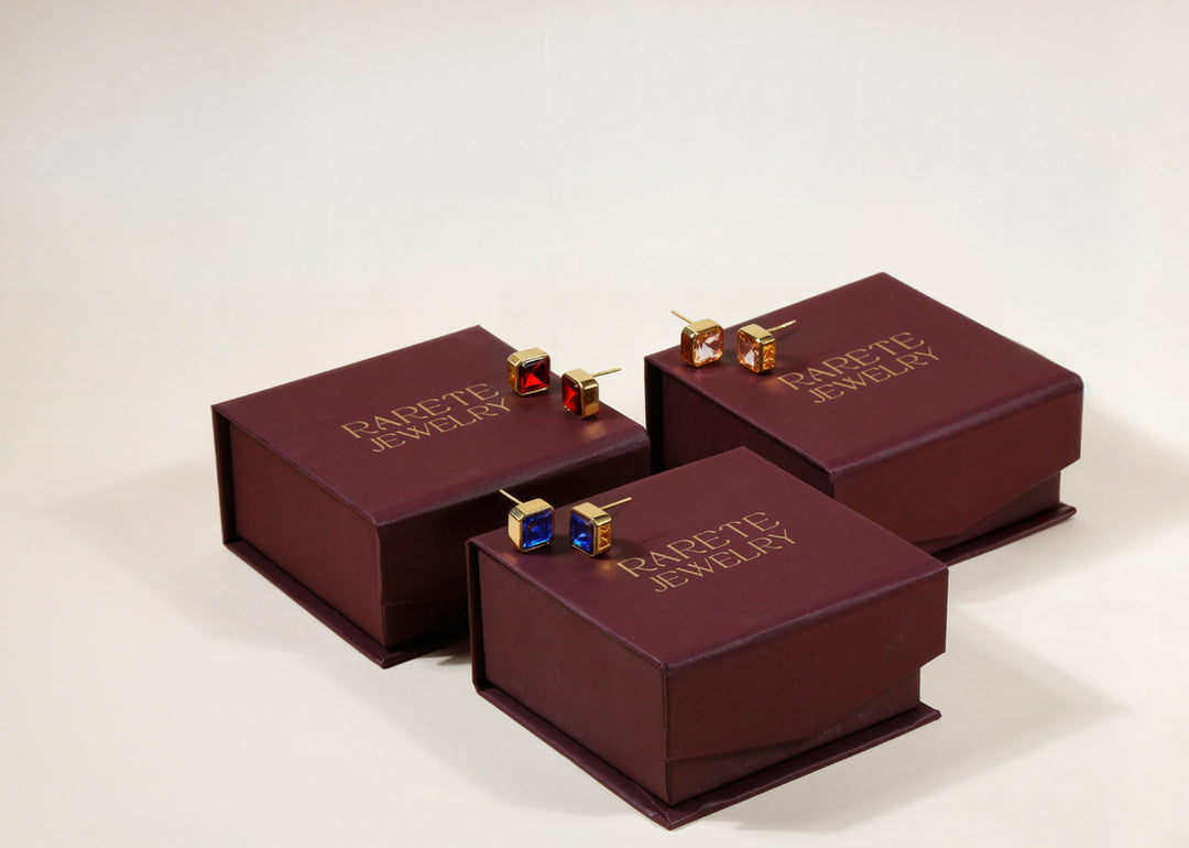 Simple yet bold 10mm Blue Sapphire Asscher cut studs in gold plating.