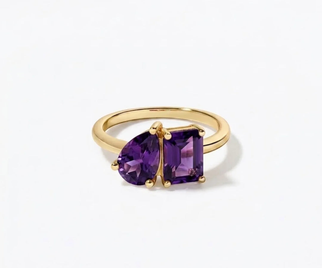 amethyst toi et moi birthstone ring purple gemstone two stone ring gold minimalist jewelry