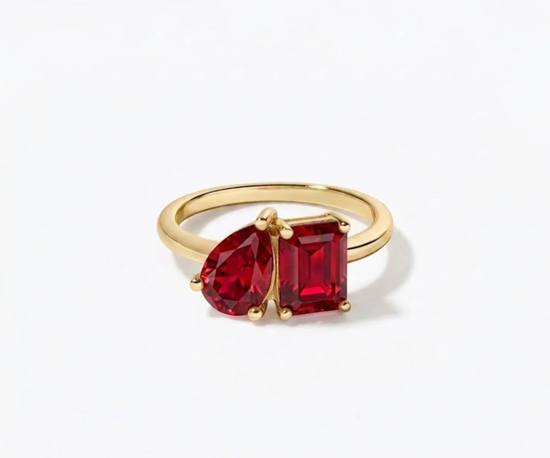 Toi et moi birthstone ring with ruby gemstones gold plated two stone minimalist ring for couples