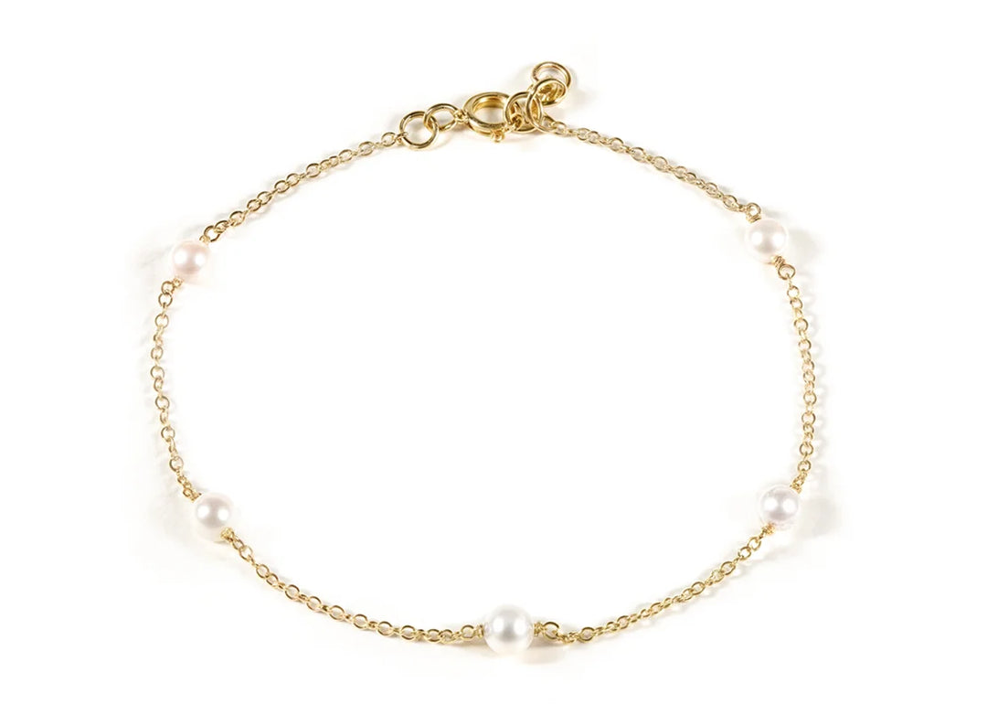 A pearl bracelet for women featuring lustrous round pearls on a delicate strand, creating a timeless and elegant accessory for any outfit.