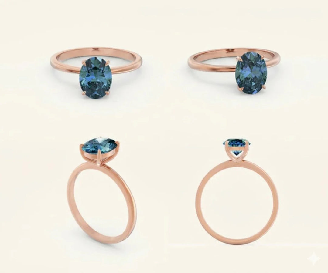 Unique teal sapphire engagement ring with gemstone center and delicate diamond band for women