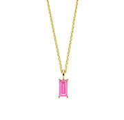 This pink tourmaline birthstone necklace features a delicate blush gemstone set in a dainty pendant necklace for women.

