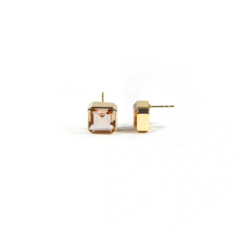 Modern square design studs with 10mm Blush Morganite and secure push-back closure.