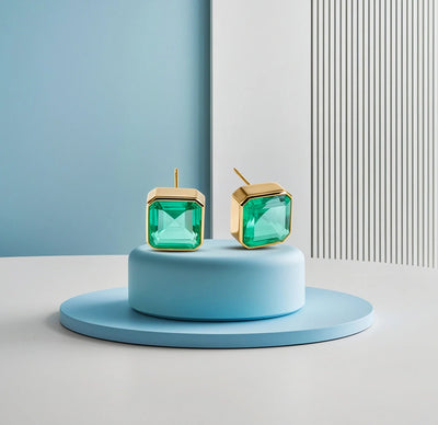 Stylish 10mm Asscher cut Emerald Quartz studs in yellow gold plating. May birthstone emerald earrings gold plated