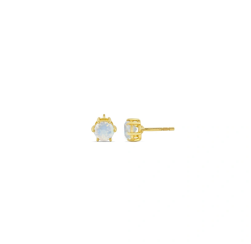 Moonstone stud earrings featuring luminous moonstones with a soft glow, set in a delicate design for an elegant, ethereal look.
