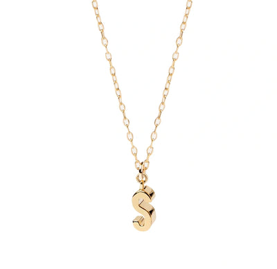 Elegant S initial necklace crafted in polished gold, with a slim pendant and fine chain offering a balance of modern charm and timeless style.
