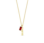 A July birthstone necklace featuring a vibrant red ruby gemstone set in a delicate pendant, adding a bold and elegant touch to any outfit.
