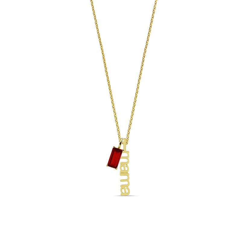A July birthstone necklace featuring a vibrant red ruby gemstone set in a delicate pendant, adding a bold and elegant touch to any outfit.