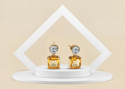 Asscher-cut amber earrings with gold finish – minimalist November birthstone jewelry
