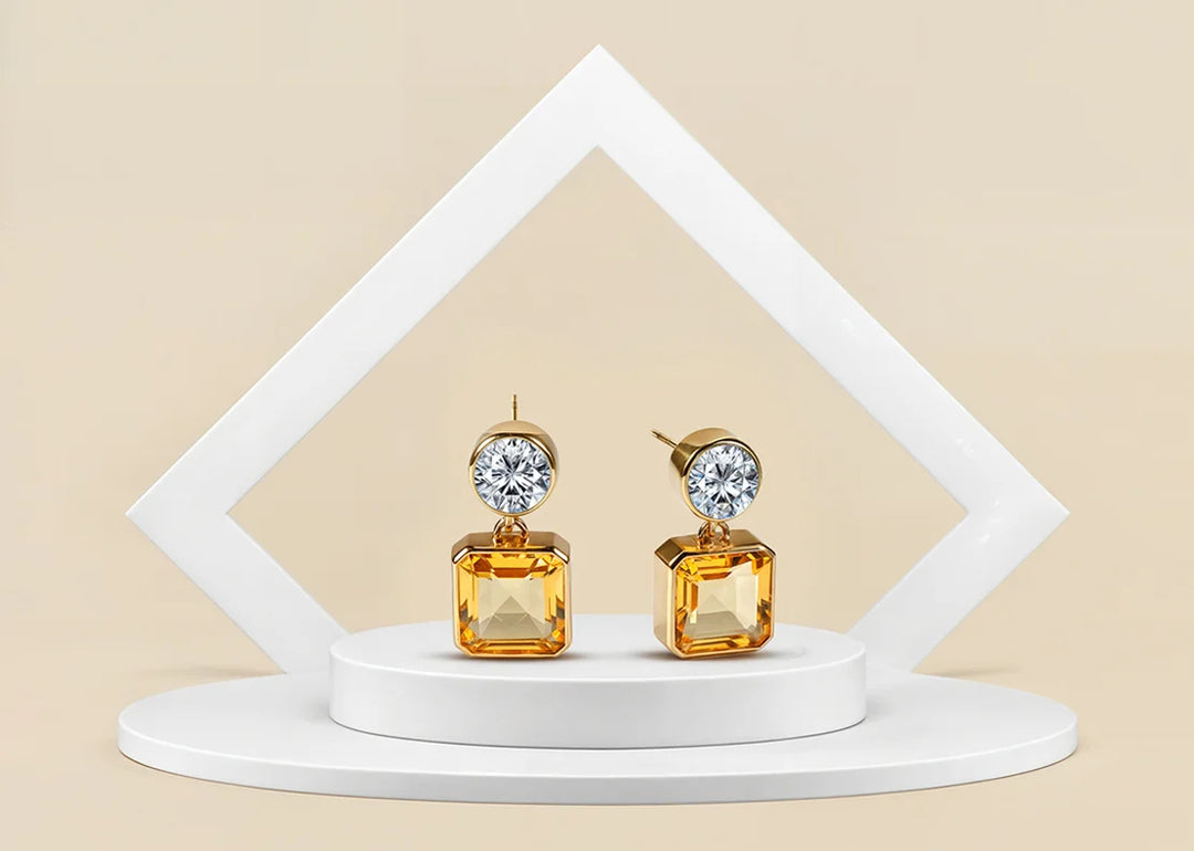 Asscher-cut amber earrings with gold finish – minimalist November birthstone jewelry
