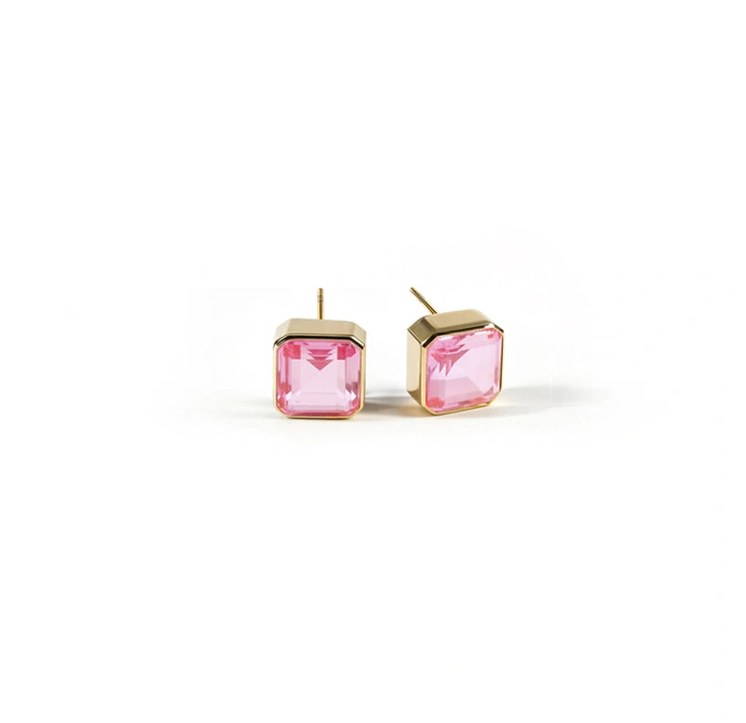 Elegant 10mm Asscher cut Tourmaline Bliss studs in high-quality gold plating.
