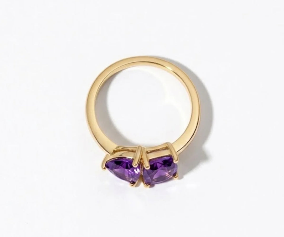 purple amethyst toi et moi ring dual gemstone dainty ring elegant gold plated design