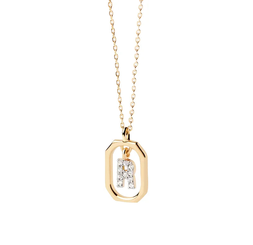 A gold initial letter pendant featuring a polished letter charm on a delicate chain, creating a personalized and elegant everyday jewelry piece.