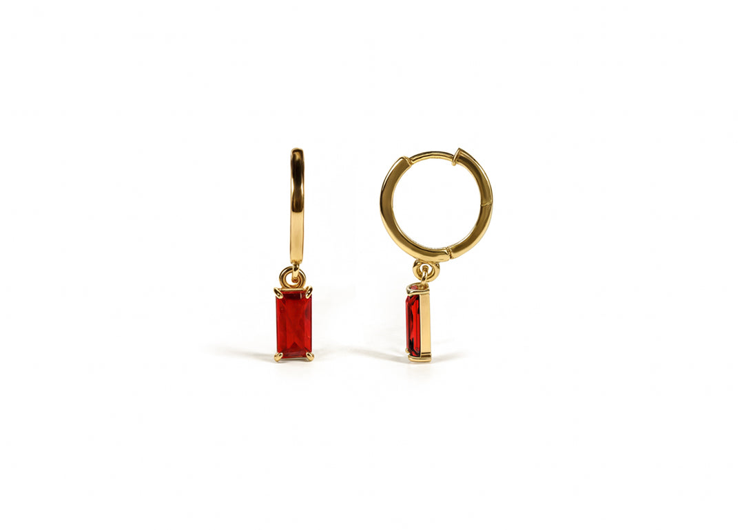 Gold Hoop Earrings with Dangling Red Baguette-Cut Stone
