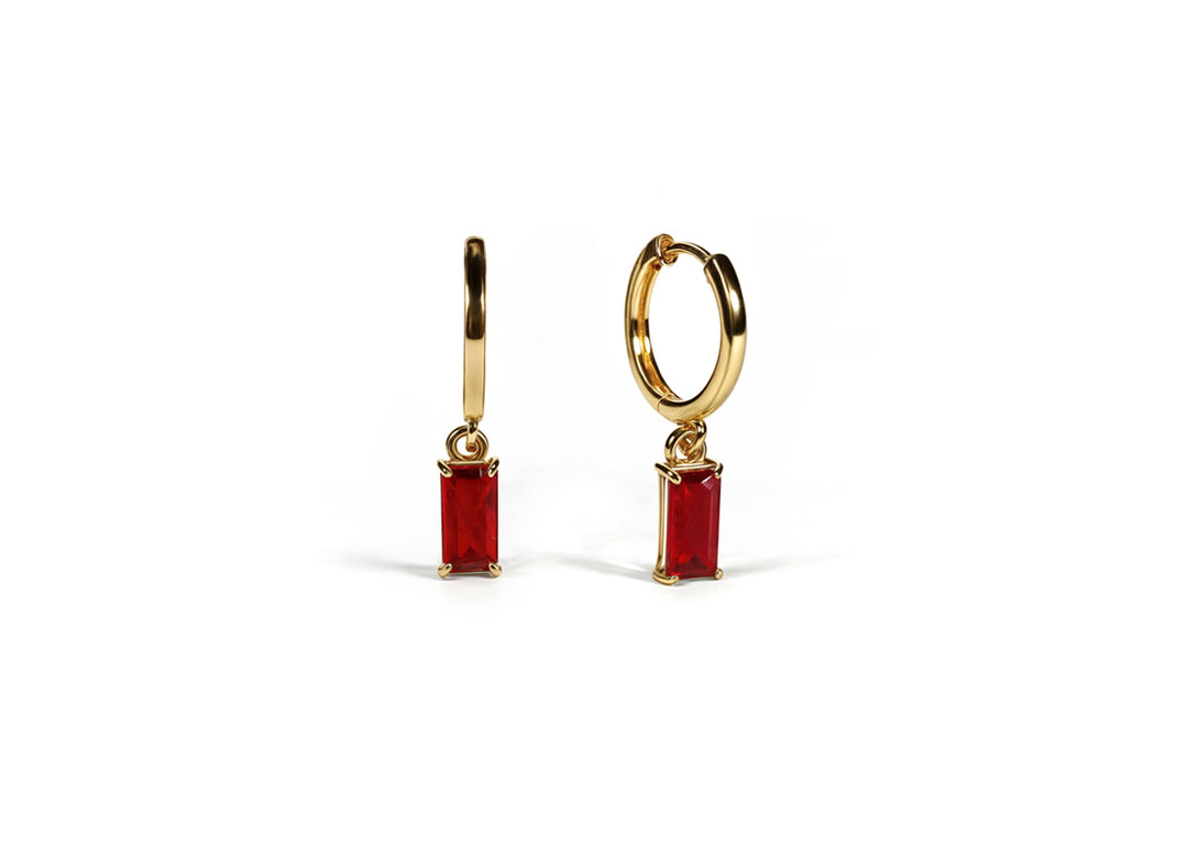 18K Gold Plated Huggie Earrings with Red Mirage Baguette Stone
