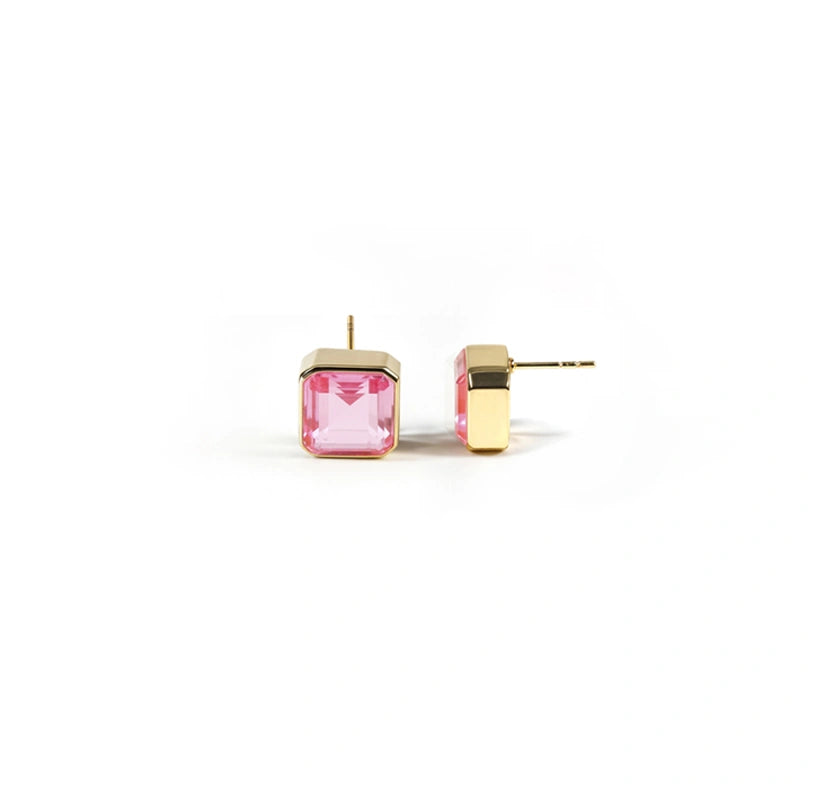 Stylish 10mm Asscher cut Tourmaline Bliss studs in yellow gold plating.